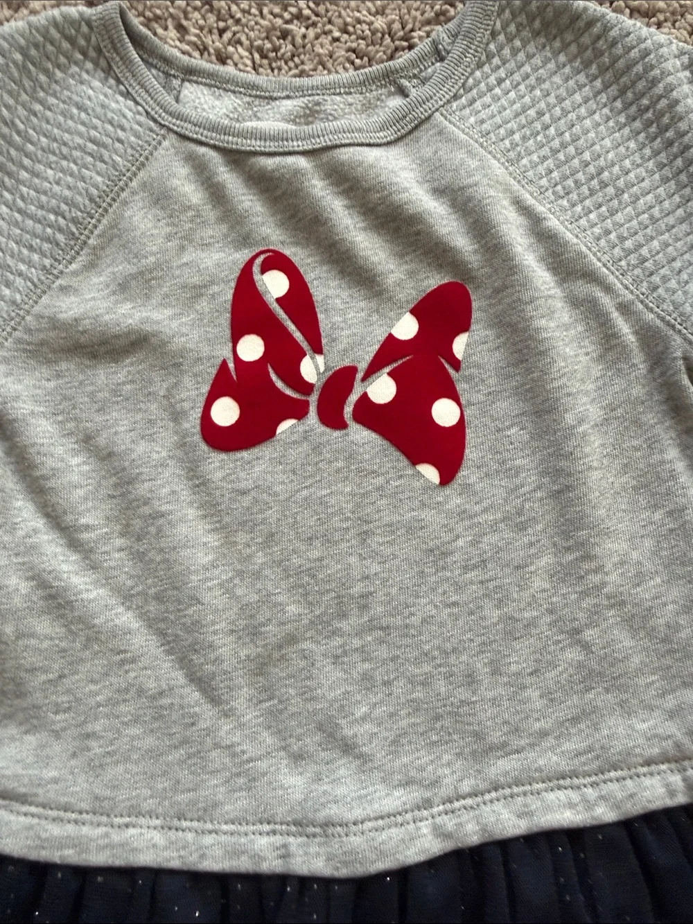 GAP Gray Sweatshirt Dress with Red Polka Dot Bow and Navy Sparkle Tulle Skirt